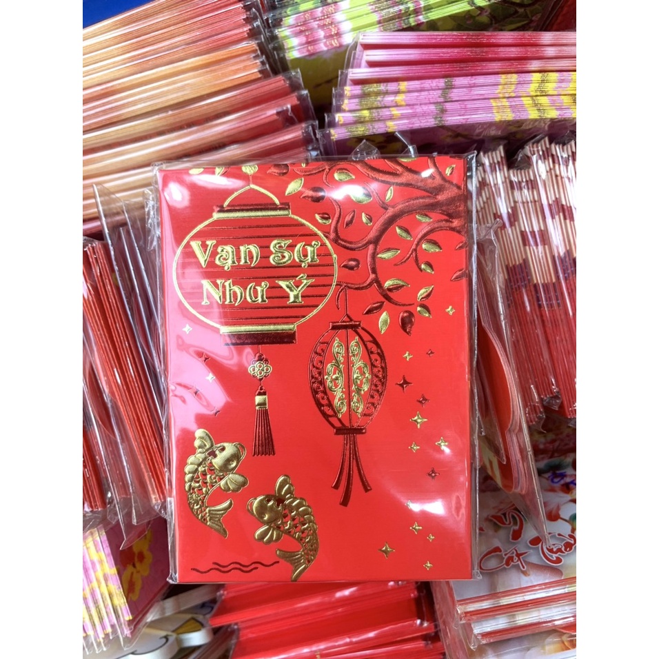 Set 6 bao lixi nhung nhỏ gọn, xinh xắn, lấp lánh, bao lì xì đỏ, lixi tết in chữ nổi 3D truyền thống, sang trọng