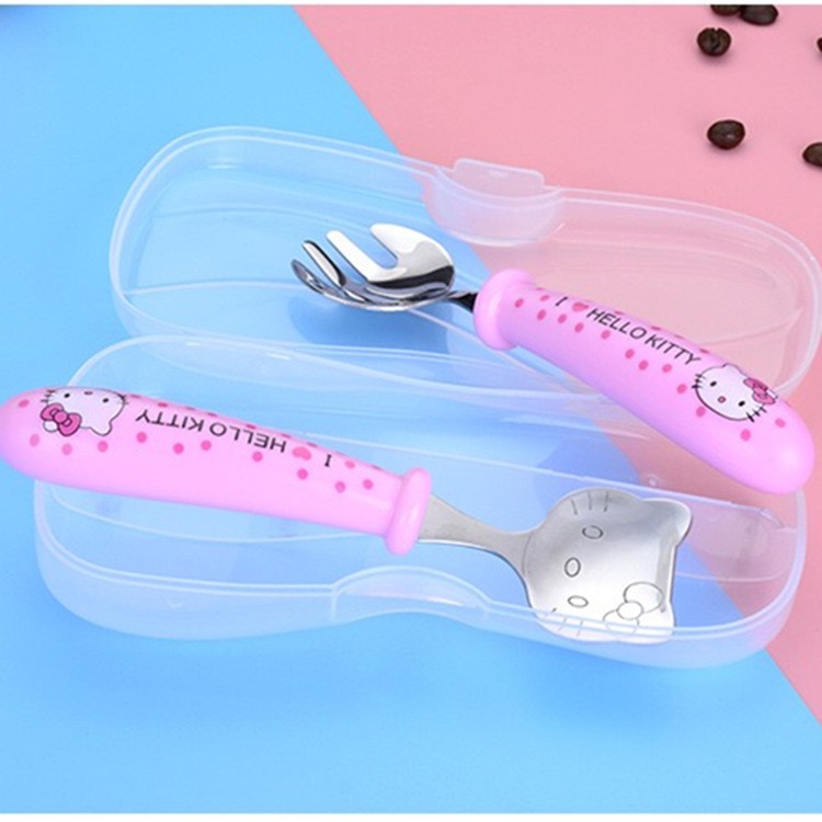 ♥♥Bộ Muỗng Nĩa Bằng Thép Không Gỉ Hình hello kitty Thân Thiện Với Môi Trường Kèm Hộp Đựng Cho Bé