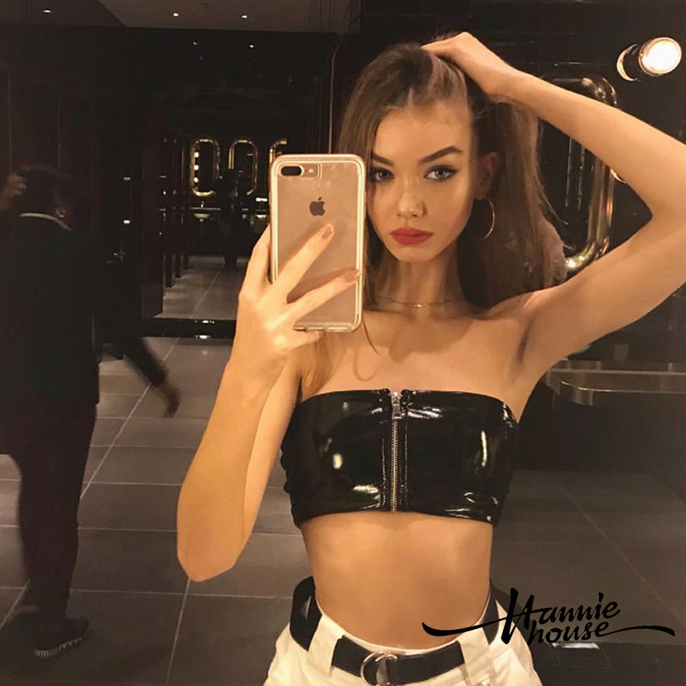 Hannie-Women’s PU Leather Exposed Navel Off-the-shoulder Sexy Zipper Tube Tops