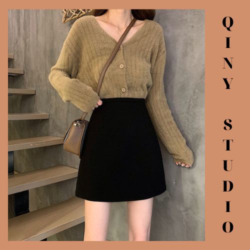 [Freeship + Quà tặng] Chân váy chữ A có quần trong, ngắn trên gối, lưng cao co dãn 4 chiều vải dày dặn màu đen, màu be