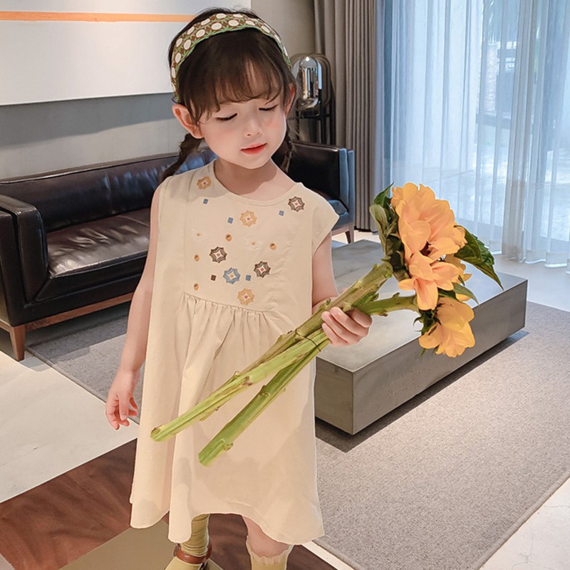 Đầm Chữ A Không Tay Thêu Họa Tiết Dễ Thương Thời Trang Đi Biển Mùa Hè Cho Bé Gái