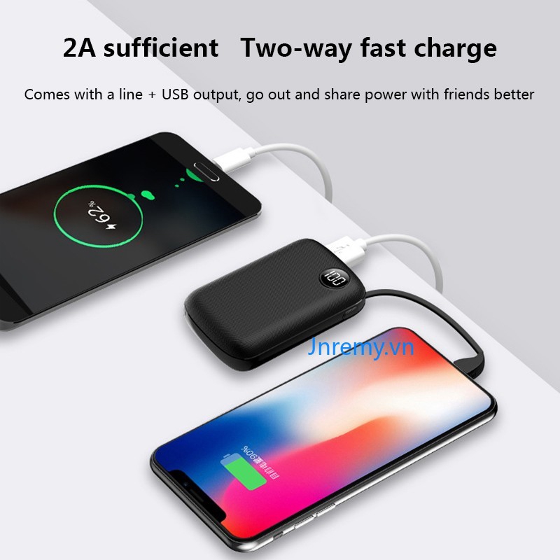 Mini Power Bank 10000mah Thin Digital Display 2.1A Fast Charging 2 In1 Built-in Line Portable Charger Powerbank