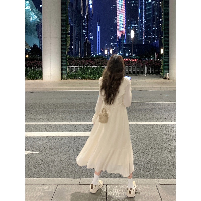 Đầm midi tay dài cổ chữ V viền bèo phong cách Pháp thời trang dành cho nữ