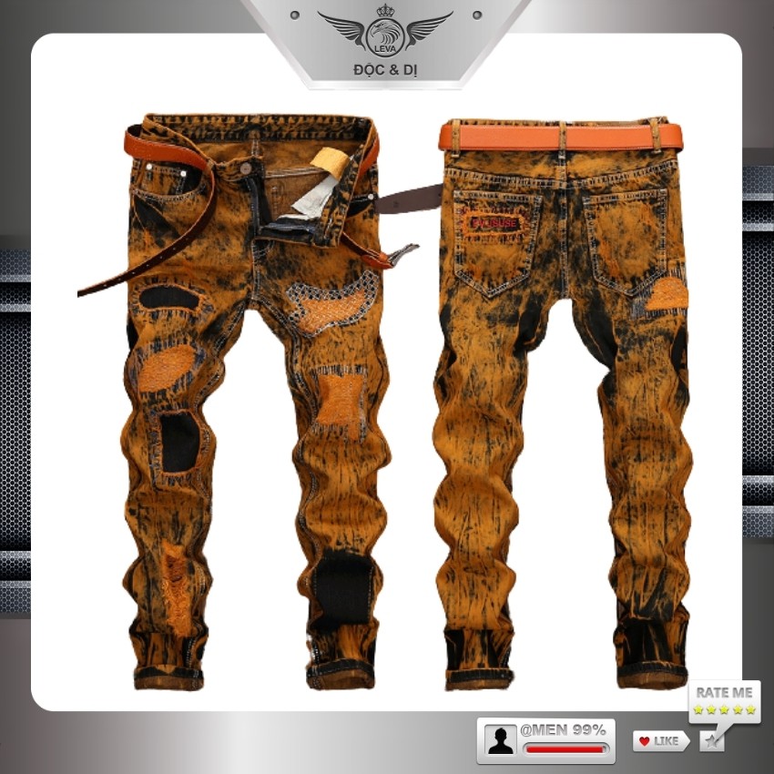 Quần jeans nam chất bò cao cấp độc lạ LEVAMEN chất liệu cotton không co giãn rách gối thêu vá logo QJ061