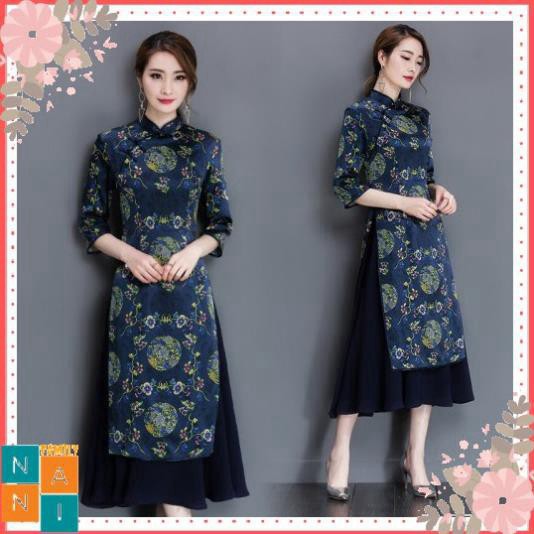 tuan0021 Set Áo Dài Hoa Văn Kèm Chân Váy Đen tuan0021