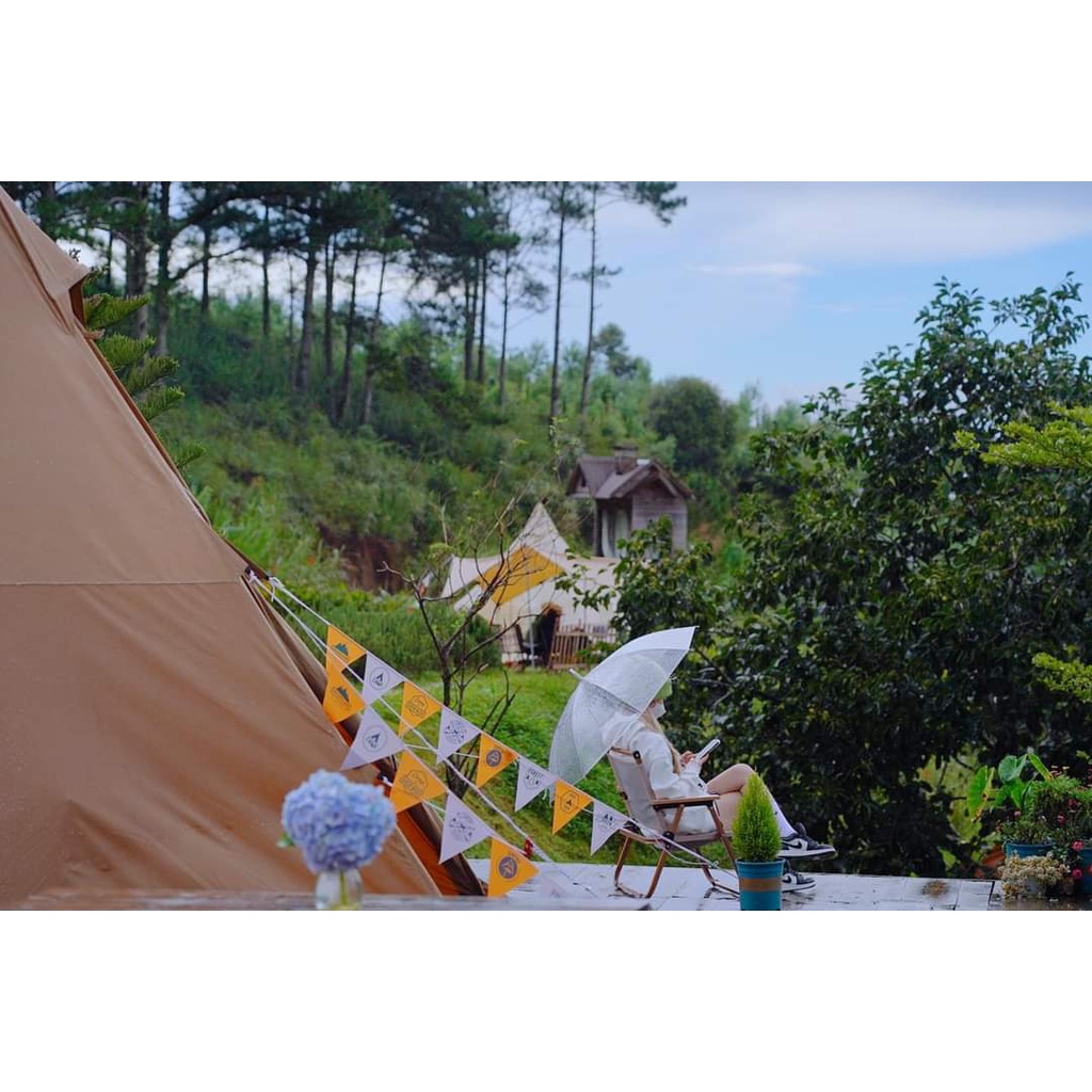 Dây cờ tam giác cắm trại màu vàng ghi có hình,Lều camping Picnic dây cờ dài 2,5m, trang trí Treo tường, Sinh nhật, Decor