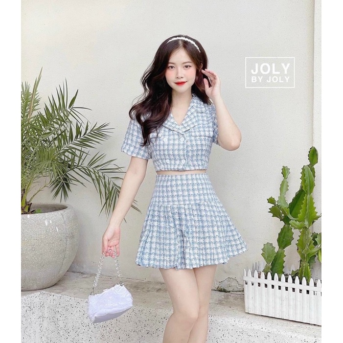 Set đồ nữ set áo dạ cổ vest sọc caro màu xanh mix chân váy xếp ly chất dày đi tiệc đi chơi lên form giống mẫu