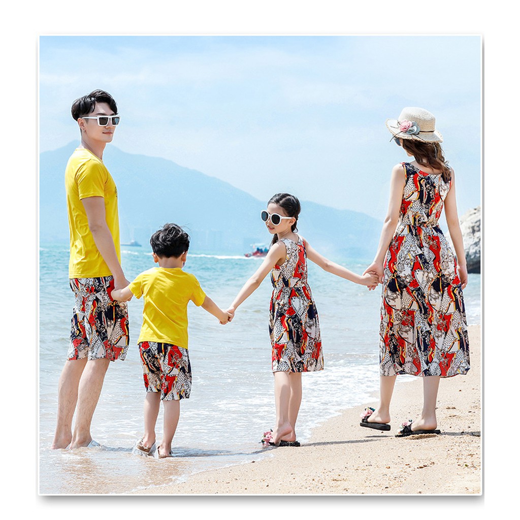 Đầm Đi Biển Không Tay In Họa Tiết Thời Trang Hàn Quốc Dành Cho Mẹ Và Bé
