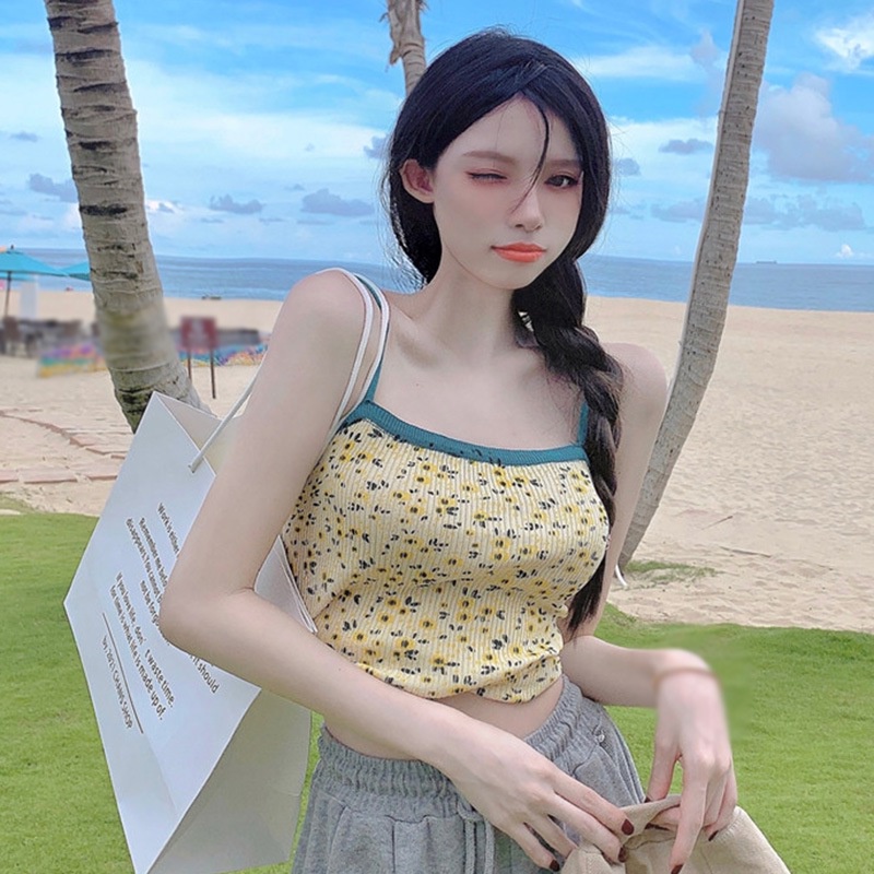 Áo Croptop Dệt Kim Sát Nách Hoạ Tiết Hoa Thiết Kế Ôm Sát Tôn Dáng