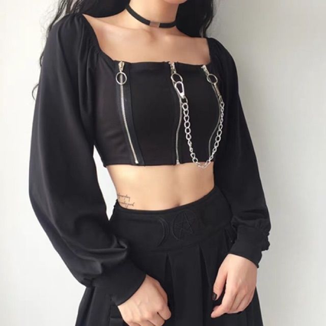 [Sẵn] Áo croptop zipper tay dài ống bo