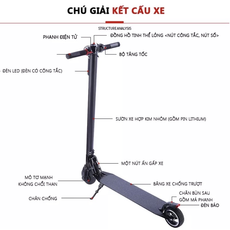 Xe scooter điện S8 không yên,có thể gấp gọn thanh thiếu niên nam nữ đi làm đi học tiện lợi,10km/lần sạc, tải trọng 100kg