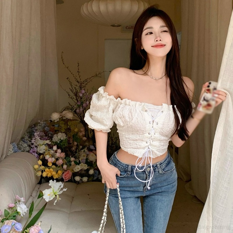 Áo Croptop Áo Kiểu Trễ Vai Màu Sắc Ngọt Ngào Thiết Kế Mỏng Xinh Xắn Thời Trang Dành Cho Nữ