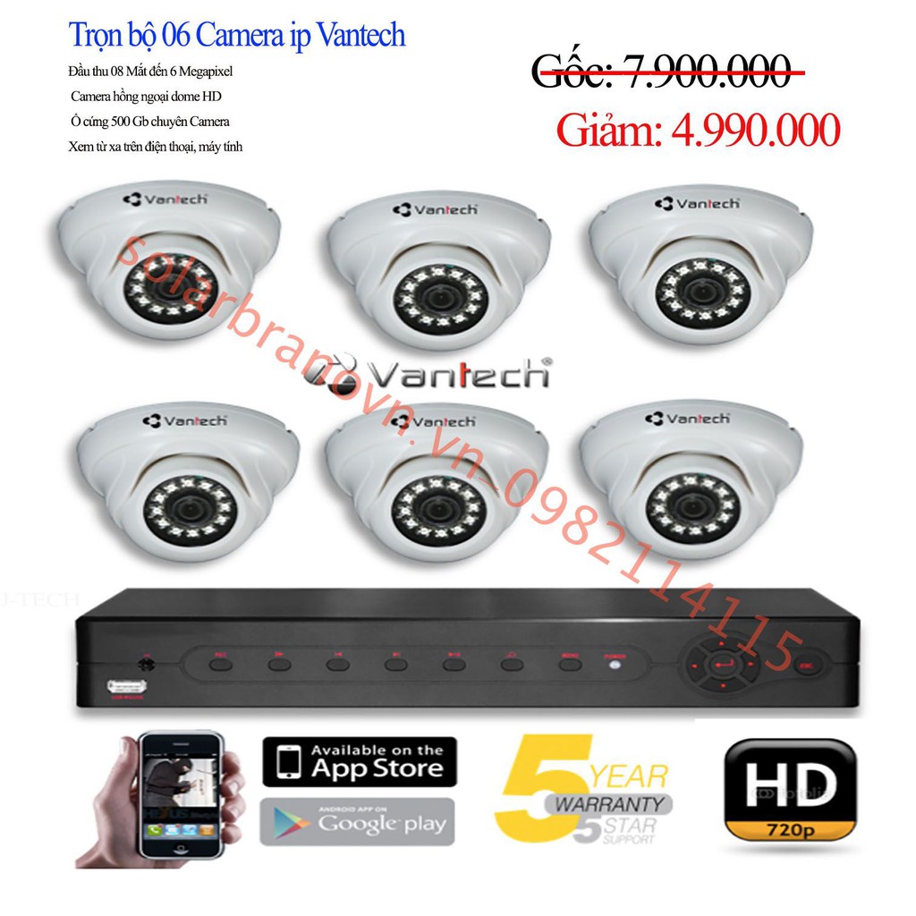 BỘ 6 CAMERA IP VANTECH FULL HD 720 + 1 ĐẦU GHI HÌNH + Ổ CỨNG 500GB