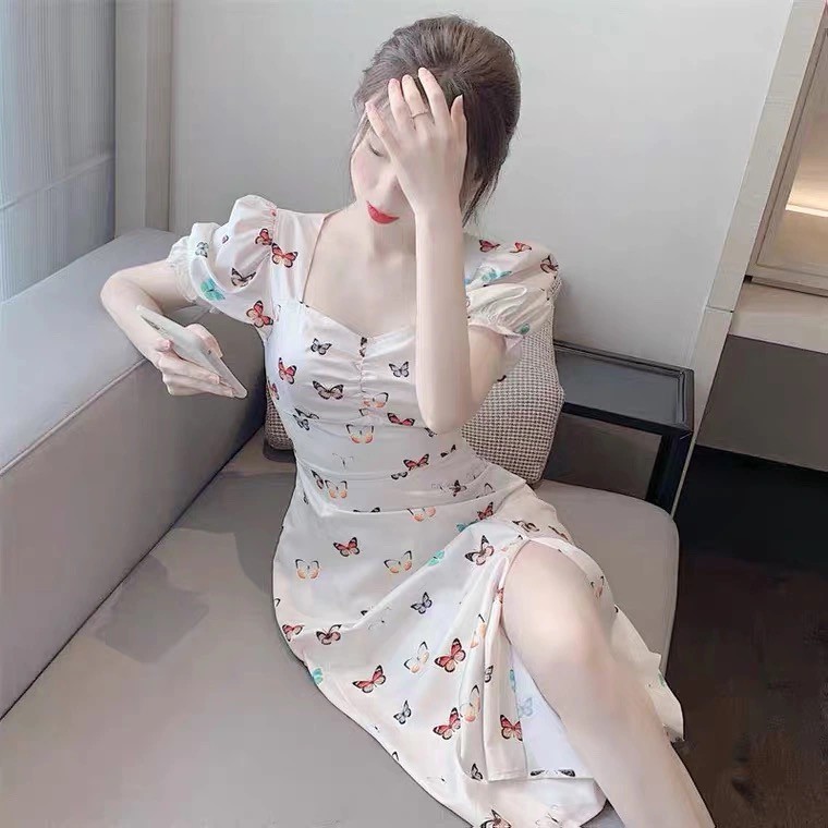 【Timi】váy body đầm ngắn tay áo phồng váy mới in nơ phụ nữ ăn mặc giản dịváy xinh