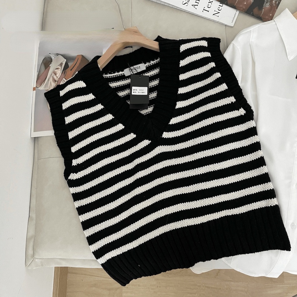 Áo len không tay dáng rộng họa tiết kẻ sọc thời trang retro Hàn Quốc trẻ trung
