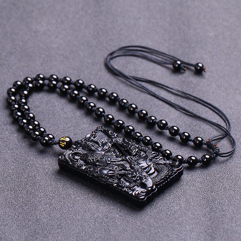 Mặt Dây Chuyền Bằng Đá Obsidian Tự Nhiên Khắc Hình Quan Công Hai Mặt