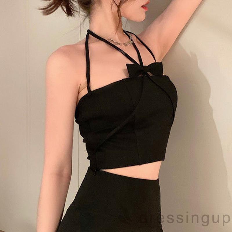 Áo Croptop Hai Dây Màu Trơn Đính Nơ Hở Lưng Gợi Cảm Cho Nữ