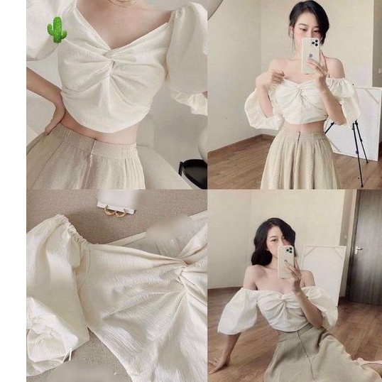 Áo xoắn ngực form croptop tay ngắn phồng chất vải xốp dầy đẹp (Mẫu kèm ảnh thật) tv