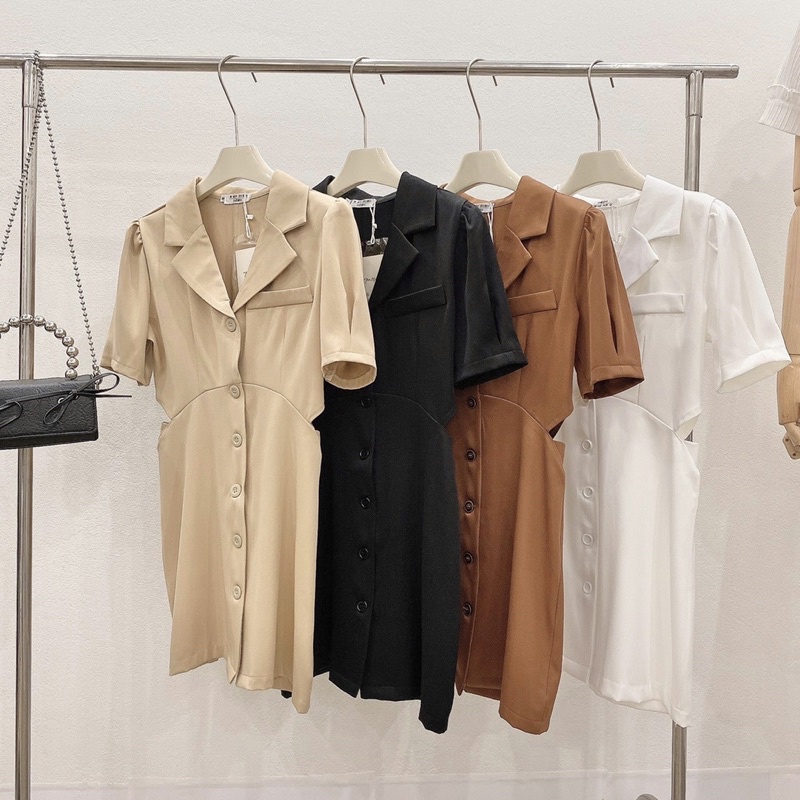 Váy Cổ Vest Khoét Eo 4 Màu Cá Tính Có Ảnh Thật, Đầm Nữ Dáng Suông