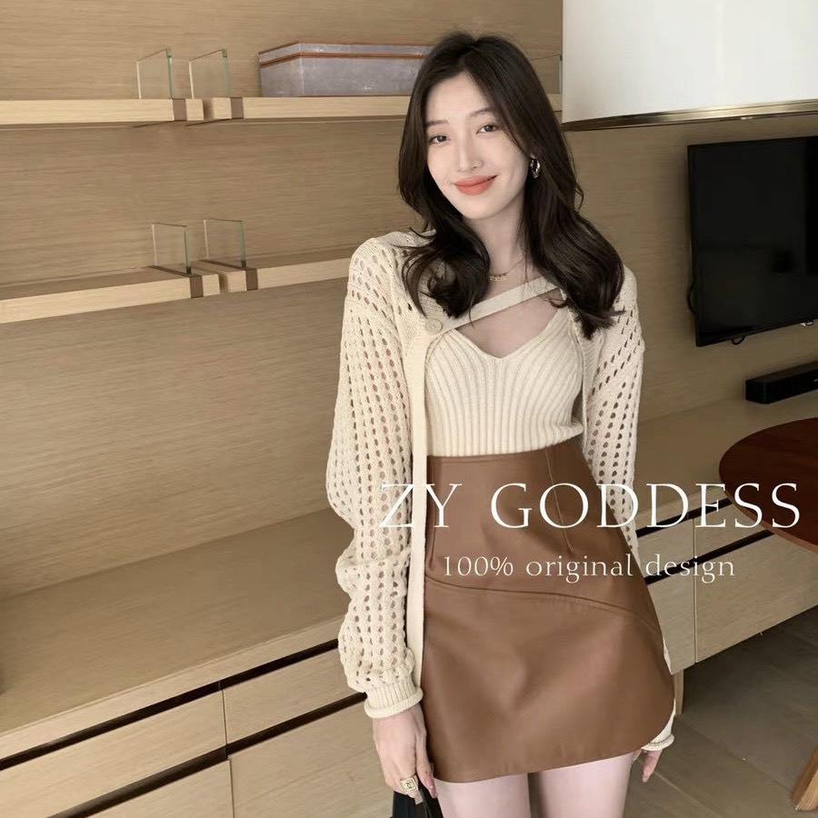 Set cardigan 2 món len lưới dây khuy Hàng QC SĐ04