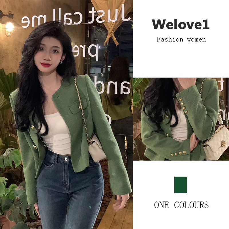 Áo Khoác Ngắn Màu Xanh Lá Phong Cách Hàn Quốc Thời Trang Mới Cho Nữ