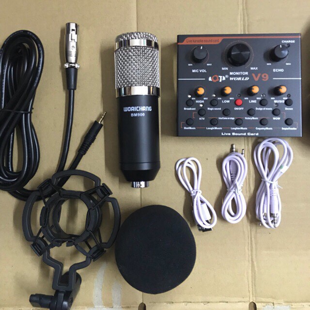 Combo Souncard v9 quốc tế Mic Woaichang BM900 tặng tai nghe chụp tai