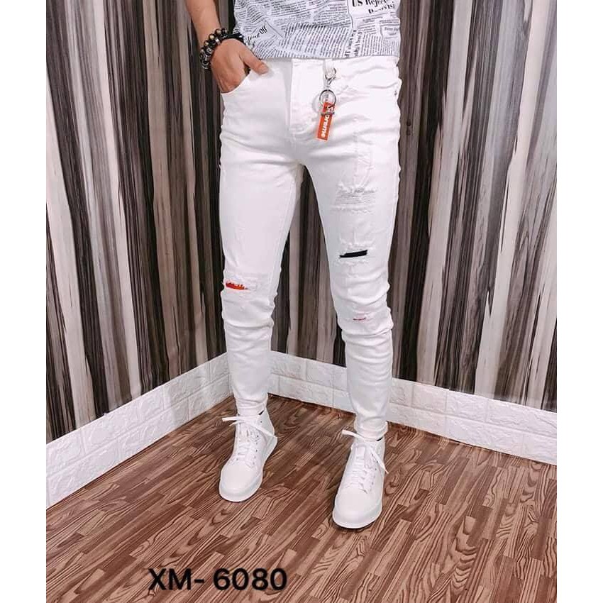  Quần jean nam cao cấp chất bò xanh rách gối co dãn in chữ AHFASHION MS4056 | BigBuy360 - bigbuy360.vn