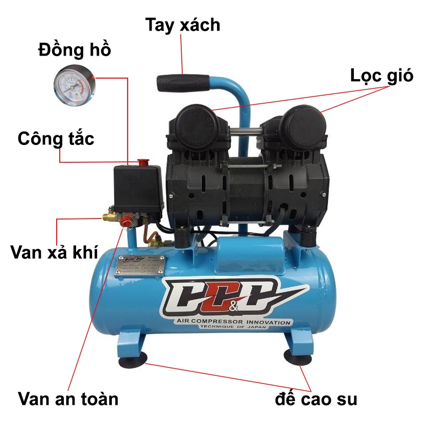 Máy nén khí mini không dầu, ít ồn, 9 lít 1200w chính hãng GGG, 2 van nạp khí 35s đầy bình chuyên dùng phun sơn, xì khô
