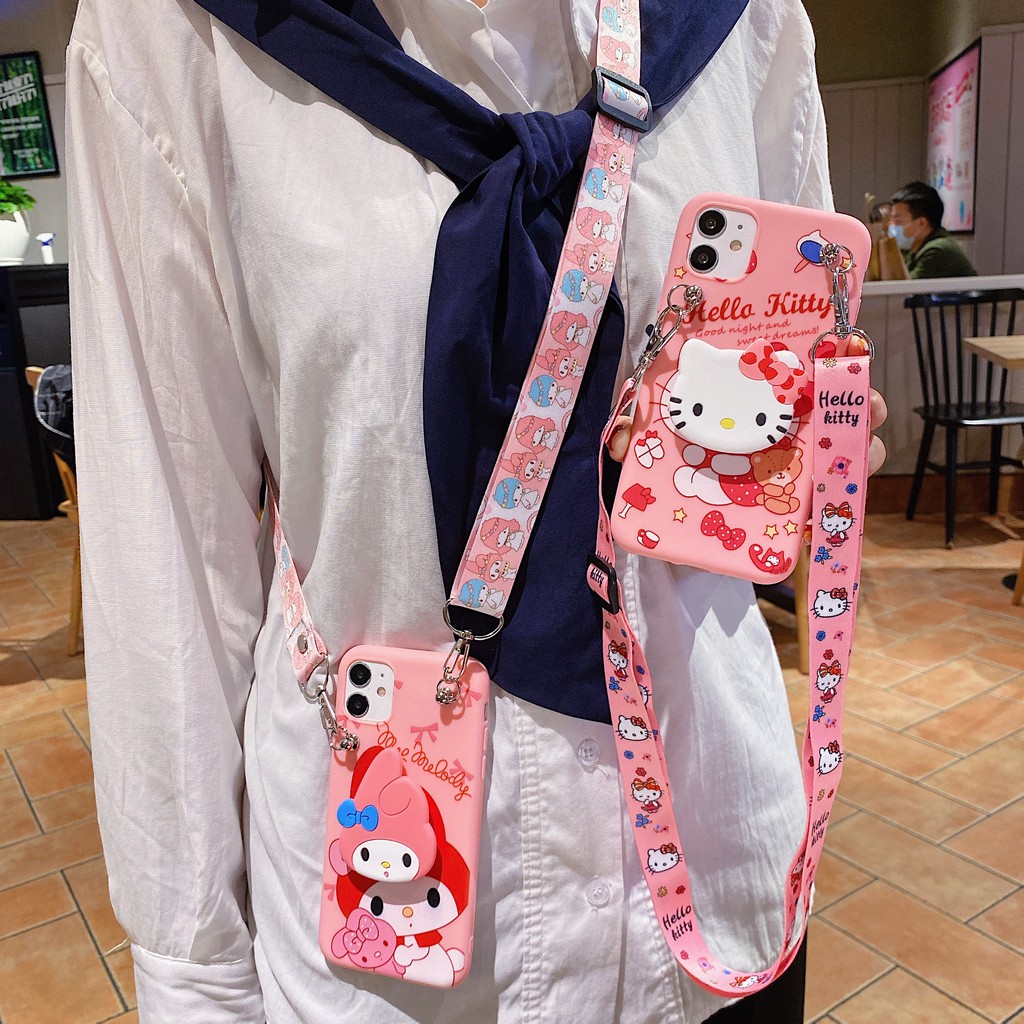 Vivo Y55 Y65 Y71 Y20 Y91C Y17 Y12 Y15 Y11 Y19 V15 V19 Y81 S1 Y50 Y30 Hộp đựng điện thoại hello kitty TPU hoạt hình có chân đế và dây đeo chéo