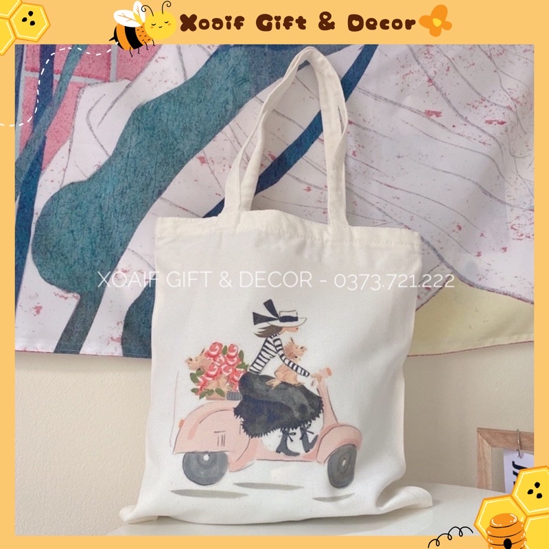 Túi tote vải canvas in hình cô gái lái xe máy túi đeo vai có khoá miệng