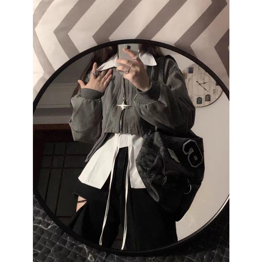 Áo Khoác Denim Dáng Rộng Ngắn Viền Cong Màu Trơn Phối Khóa Kéo Trẻ Trung Cho Nữ