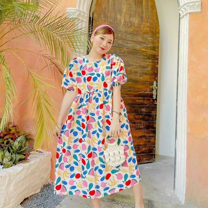 Váy maxi hoa chun eo tay bồng, chất lụa thô mềm đẹp, cúc cổ dễ mặc, chun eo tôn dáng, dài chuẩn mẫu - Yubishop YBLMV387