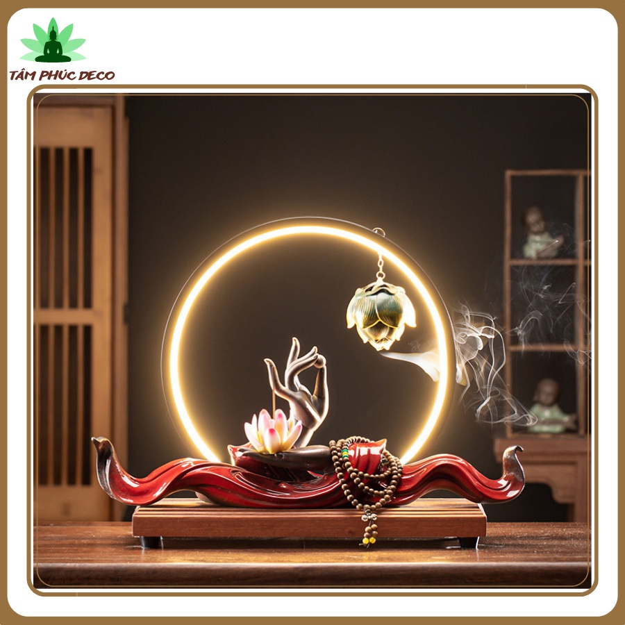 Thác Khói Trầm Hương phật thủ liên hoa kèm đèn led cao cấp, phật liên hoa dược sư thủ trang trí decor phòng gia đình