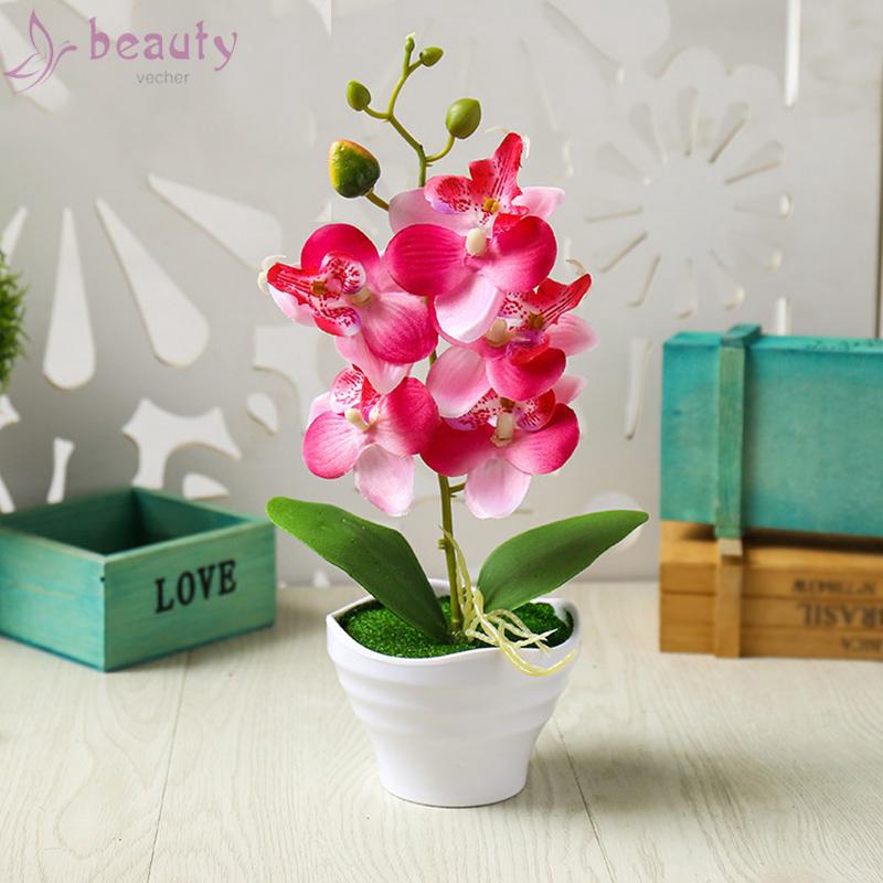 Chậy cây lan hồ điệp bonsai nhân tạo với 5 đầu hoa nhựa trang trí vườn nhà