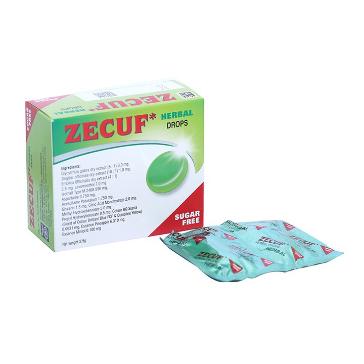 KHÔNG ĐƯỜNG - Viên ngậm giảm đau họng, giảm ho ZECUF HERBAL (ZECUP HẺBAL) (Hộp 20 viên)