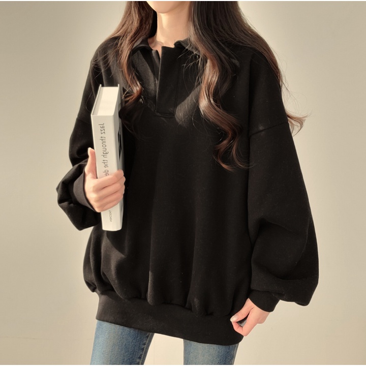 Áo sweater nữ form rộng có cổ POLO màu xám đen chất nỉ đẹp, áo sweater form rộng unisex nam nữ thời trang