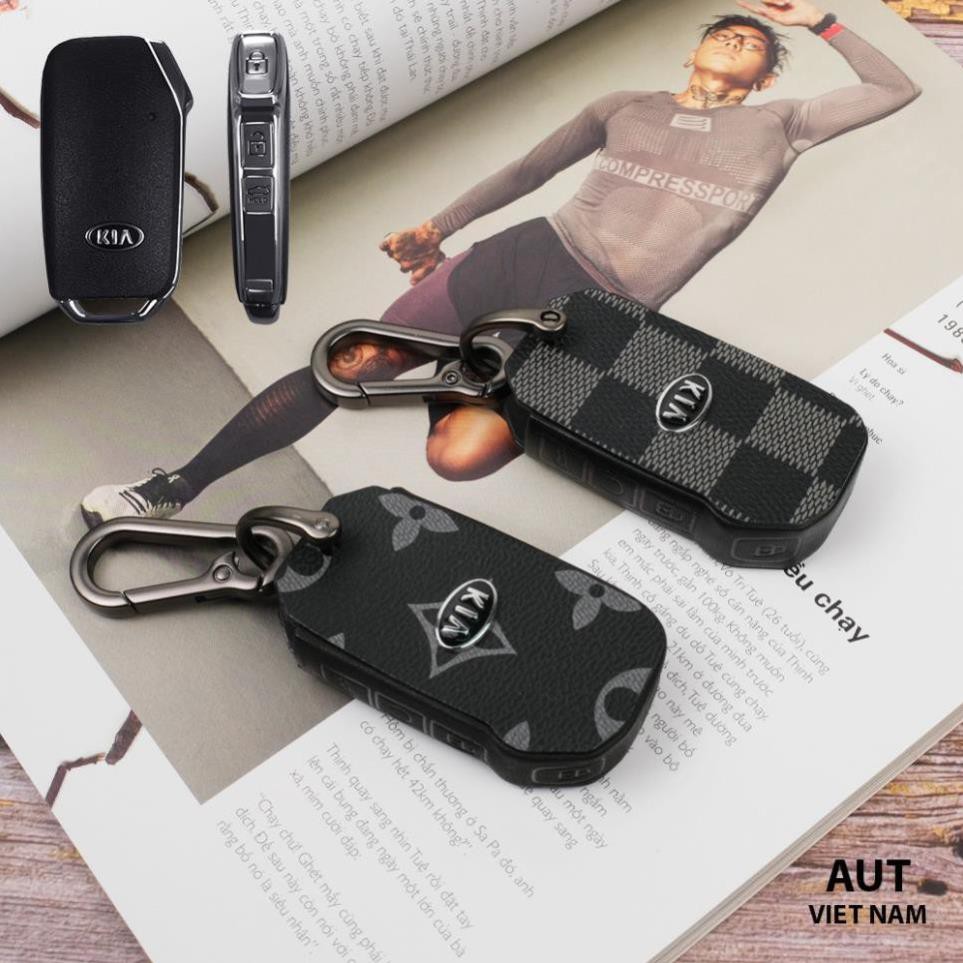 Bao da chìa khóa Smartkey Kia mới 3 nút (Kia Cerato, Sorento, Sedona) da Canvas L .V xẻ túi cao cấp