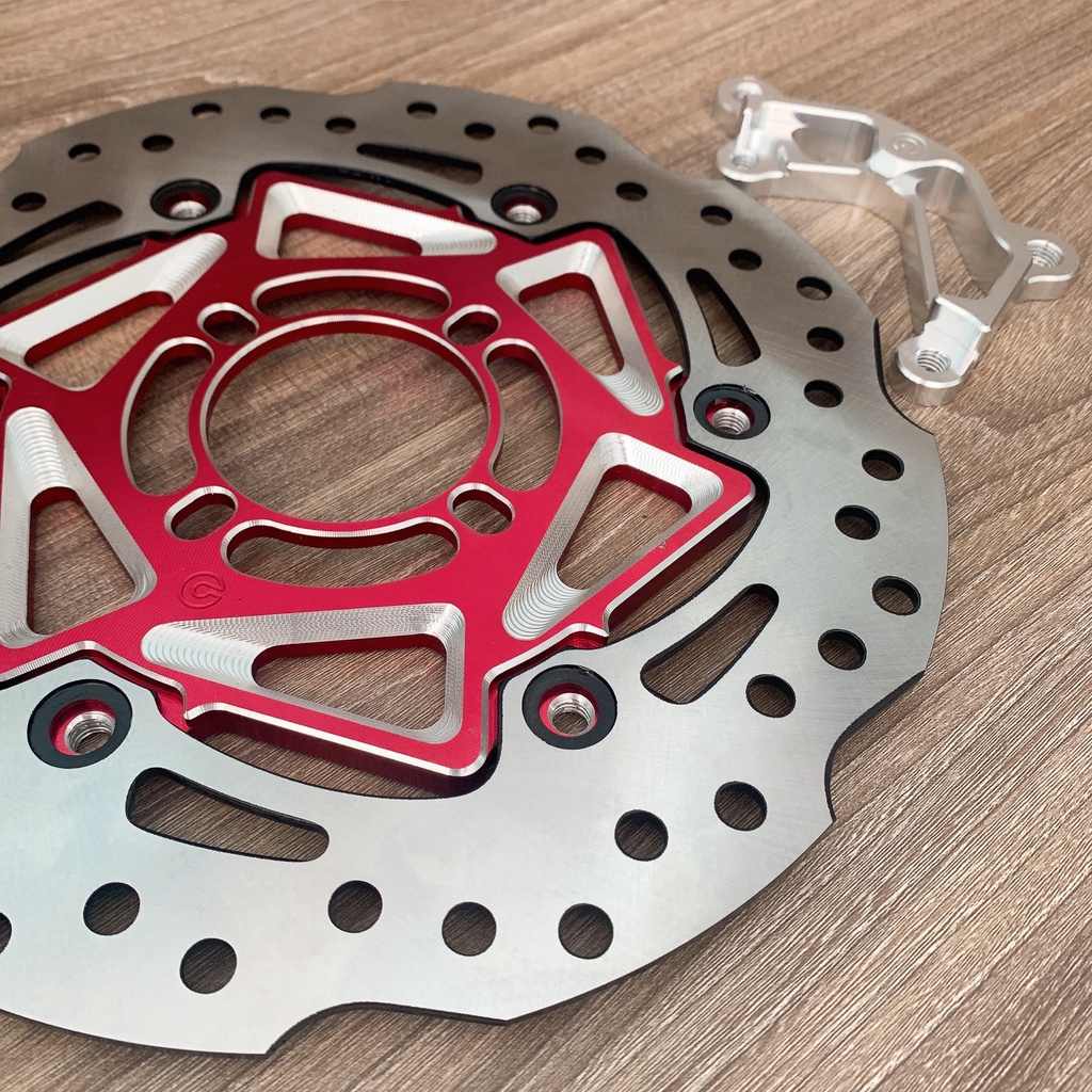 COMBO xe SIRIUS Đĩa Thắng Trước luôn Lòng 4 lỗ Màu đỏ size 260mm + Pát CNC gắn Trước Xe SIRIUS gắn Heo Dầu 2pis đối xứng