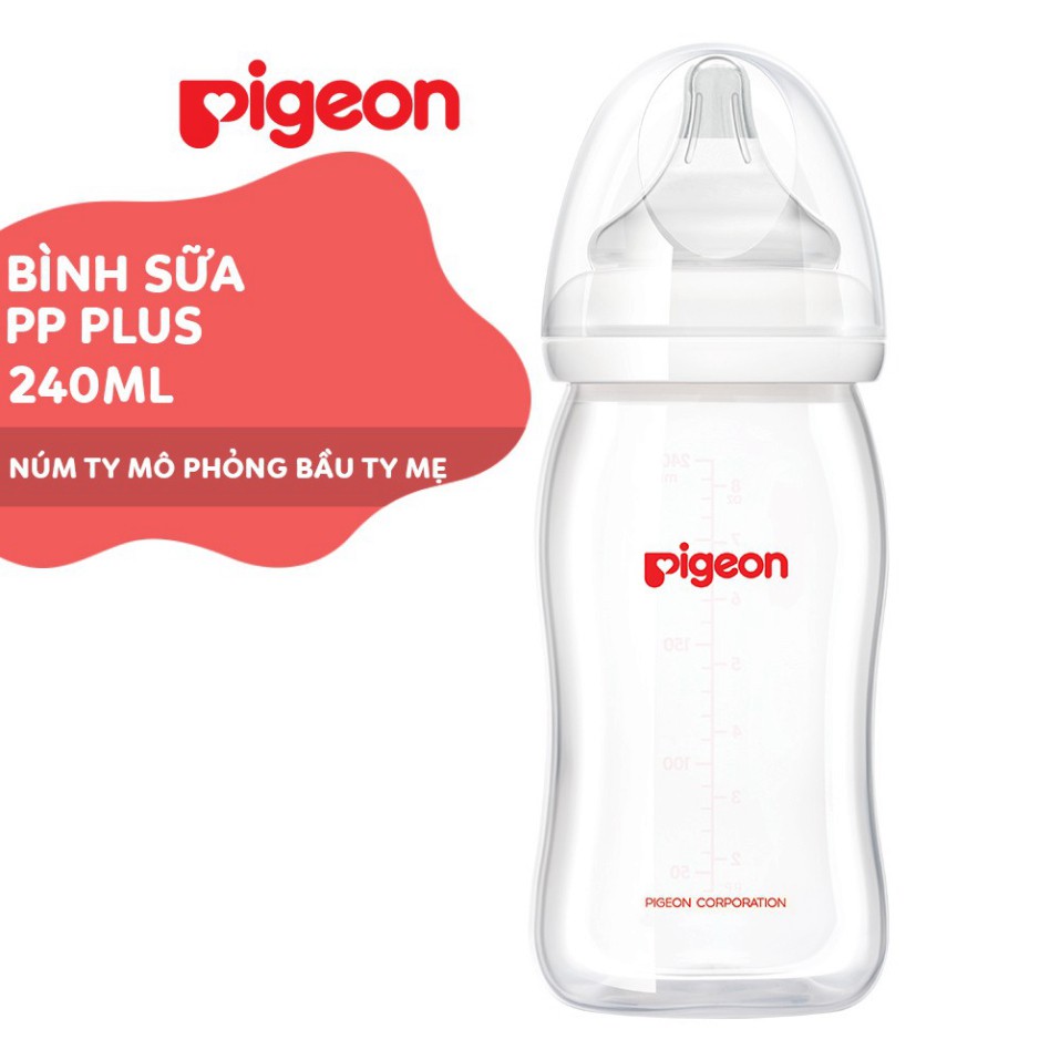 Bình sữa Pigeon 160ml / 240ml / 330ml cổ rộng PP Plus với núm vú silicone siêu mềm Plus  WOWDAD