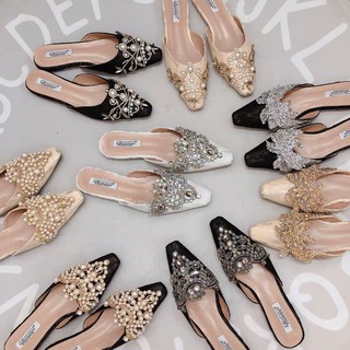 (ORDER) Dép bệt mũi nhọn đính đá dạng sục phong cách Hàn Quốc, hàng cao cấp