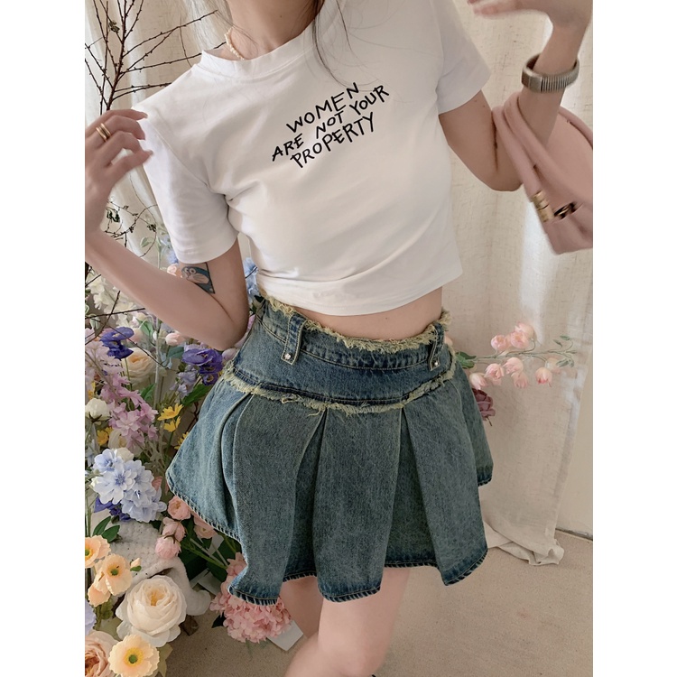 QKOOLE  Áo Thun Croptop Tay Ngắn Màu Trắng Phong Cách Hàn Quốc Cho Nữ