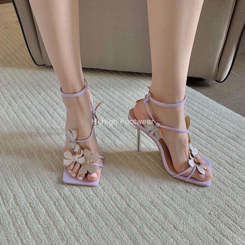 Giày sandals cao gót màu tím dây mảnh đính hoa sexy cho nữ đi tiệc 2023