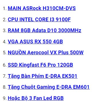 PC I3 9100F/ H310/ RX 550 4GB/ 8GB/ 120GB/ 500W