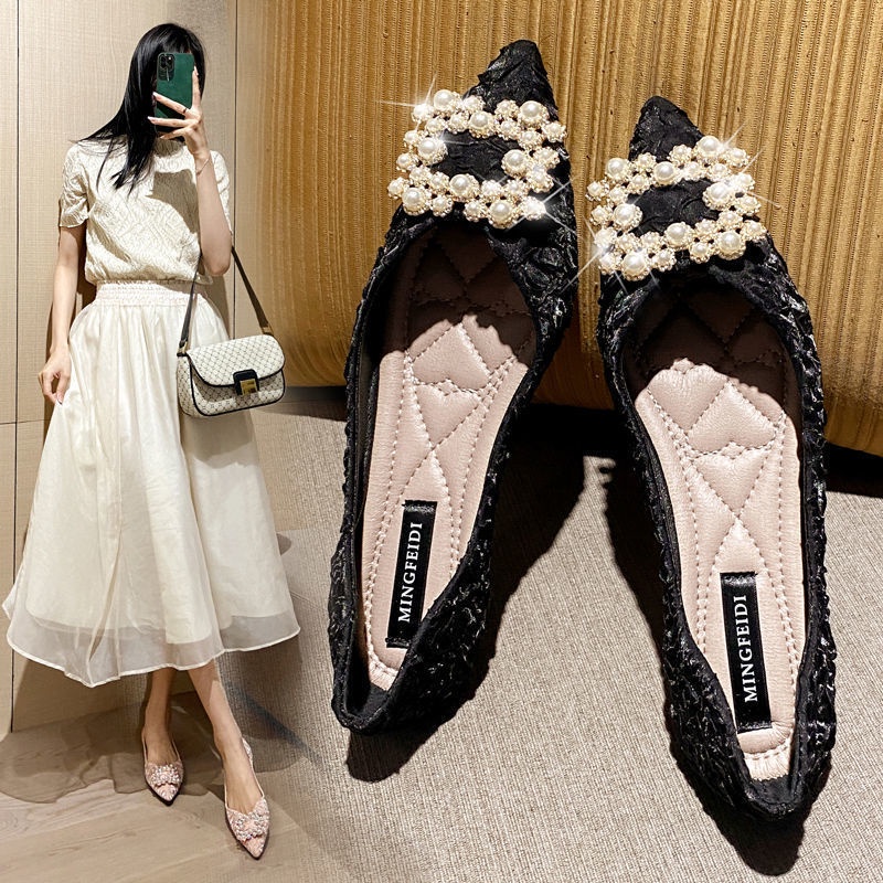 Giày Phẳng Giày Búp Bê Mũi Nhọn Đính Đá Ngọc Trai Thời Trang Cho Nữ Size 33-44