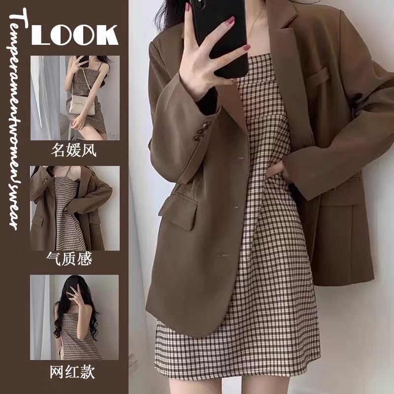 Set áo blazer + váy hai dây kẻ suông phong cách Hàn Quốc • 2ENDSHOP