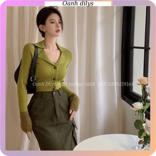 Sét áo len dài tay + Chân váy dù dáng dài, Áo len gân cài khuy màu xanh hàng order Taobao cao cấp nhà Oanhdilys