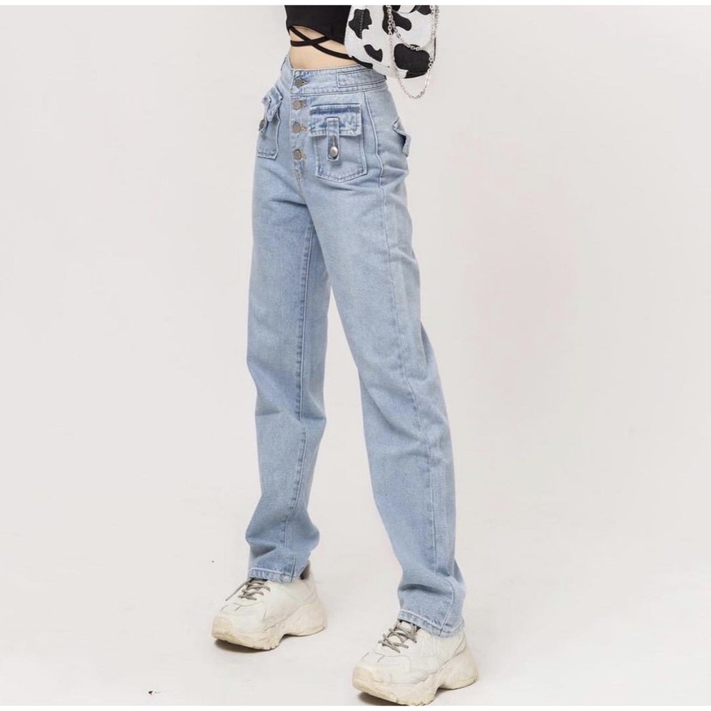 Quần jeans nữ ống rộng CHICMONKI 4 nút có nắp túi phía trước lưng cao  CMJ1049 | BigBuy360 - bigbuy360.vn