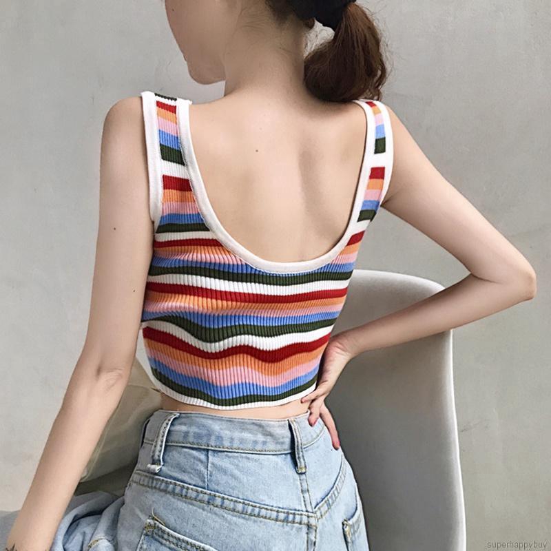 Áo Hai Dây Kẻ Sọc Cầu Vồng Xinh Xắn Cho Nữ Kiểu Hàn Quốc