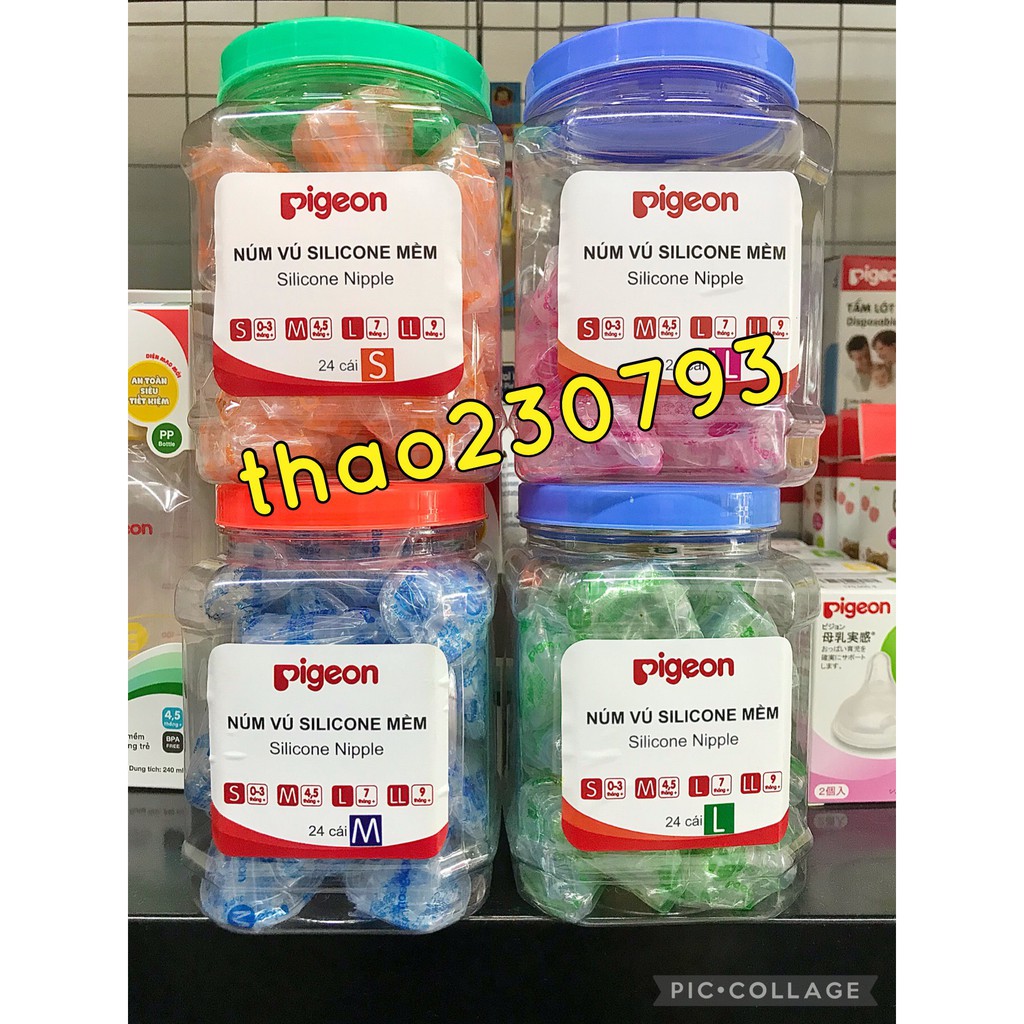 [Đủ size] Núm Ti PIGEON Cổ Hẹp Size S, M, L LL sử dụng cho tất cả bình sữa Cổ Hẹp Hộp 24 Cái