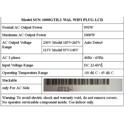 Hòa lưới gió bám tải Sun 1000W 22V-65V - SUN-1000G2-WAL-22-65V